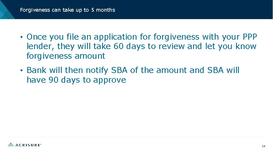 Forgiveness can take up to 5 months • Once you file an application forgiveness