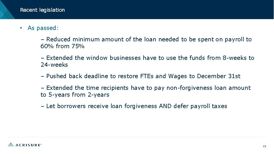 Recent legislation • As passed: – Reduced minimum amount of the loan needed to