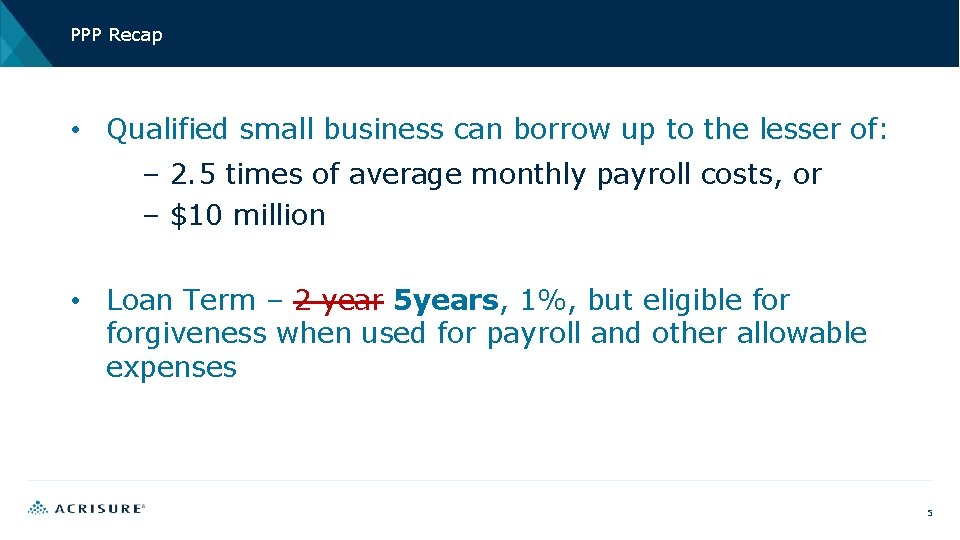 PPP Recap • Qualified small business can borrow up to the lesser of: –