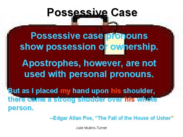Possessive Case Possessive case pronouns show possession or ownership. Apostrophes, however, are not used