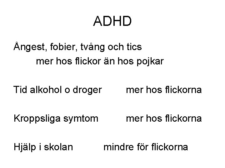 ADHD Ångest, fobier, tvång och tics mer hos flickor än hos pojkar Tid alkohol