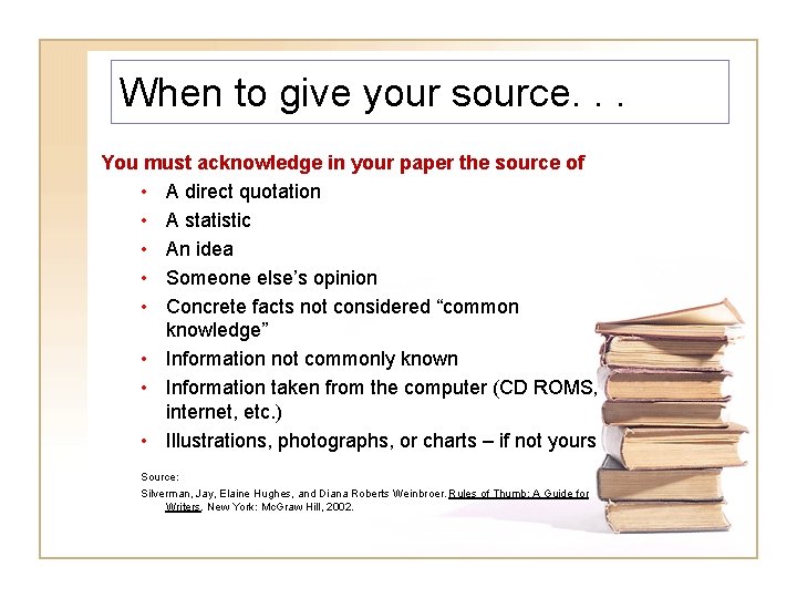 When to give your source. . . You must acknowledge in your paper the