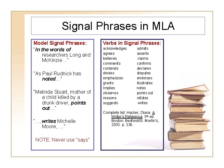 Signal Phrases in MLA Model Signal Phrases: “In the words of researchers Long and