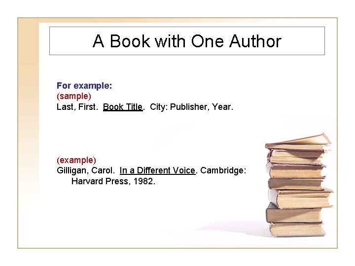 A Book with One Author For example: (sample) Last, First. Book Title. City: Publisher,