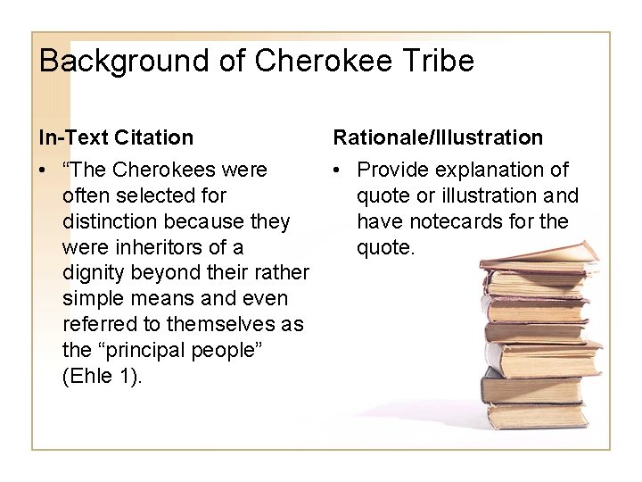 Background of Cherokee Tribe In-Text Citation Rationale/Illustration • “The Cherokees were often selected for