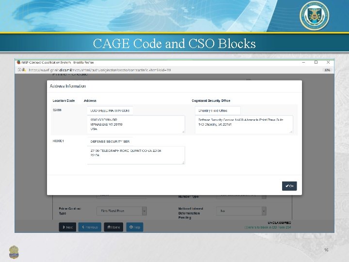 CAGE Code and CSO Blocks 16 