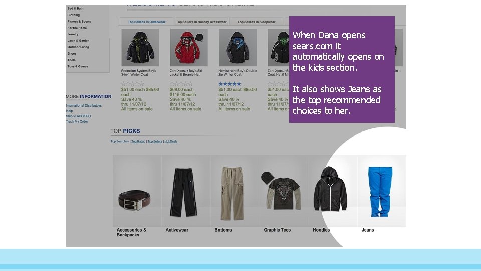 When Dana opens sears. com it automatically opens on the kids section. It also