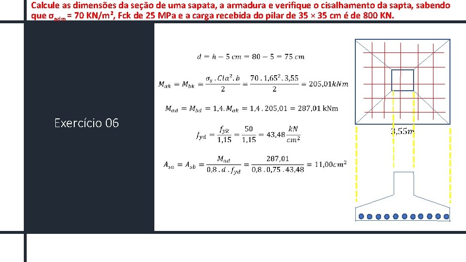 Calcule as dimensões da seção de uma sapata, a armadura e verifique o cisalhamento