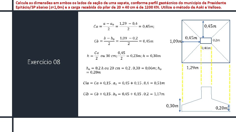 Calcule as dimensões em ambos os lados da seção de uma sapata, conforme perfil