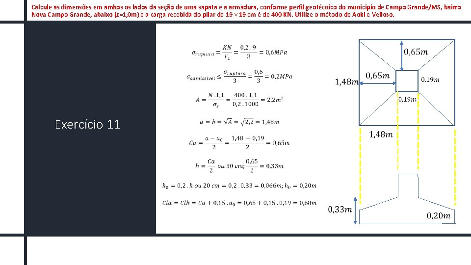 Calcule as dimensões em ambos os lados da seção de uma sapata e a