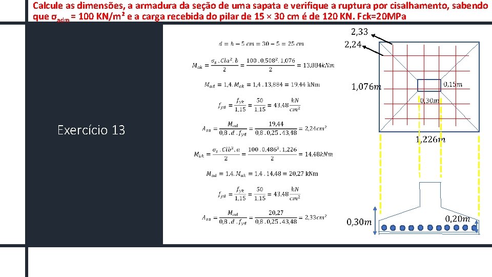 Calcule as dimensões, a armadura da seção de uma sapata e verifique a ruptura