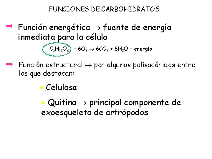 FUNCIONES DE CARBOHIDRATOS Función energética fuente de energía inmediata para la célula C 6
