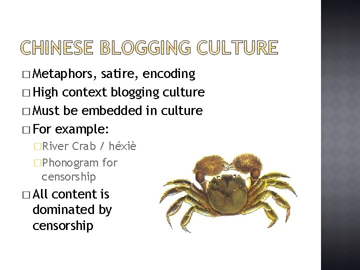 � Metaphors, satire, encoding � High context blogging culture � Must be embedded in