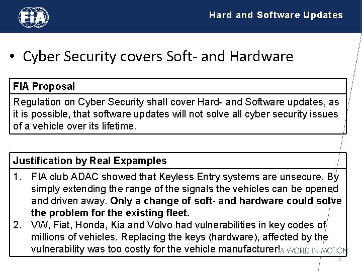 Hard and Software Updates • Cyber Security covers Soft- and Hardware FIA Proposal Regulation