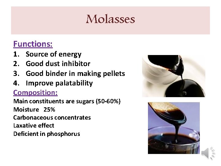 Molasses Functions: 1. Source of energy 2. Good dust inhibitor 3. Good binder in