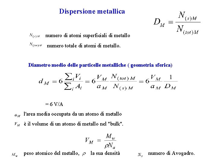 Dispersione metallica numero di atomi superficiali di metallo numero totale di atomi di metallo.