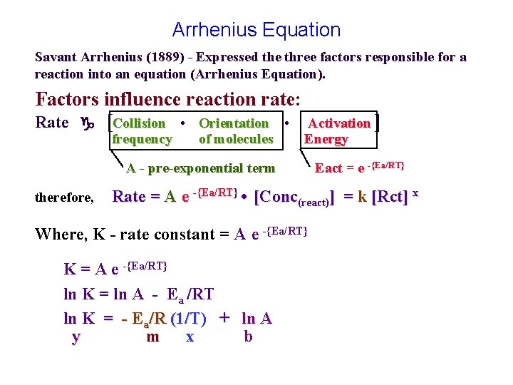 Arrhenius Equation Savant Arrhenius (1889) - Expressed the three factors responsible for a reaction