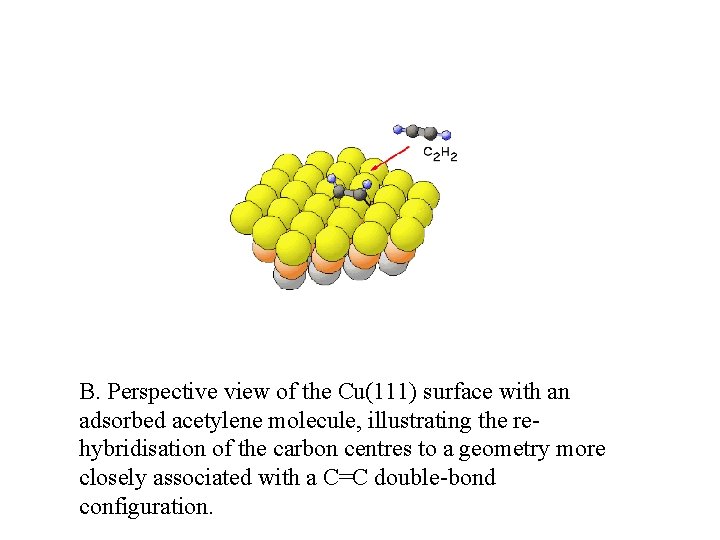 B. Perspective view of the Cu(111) surface with an adsorbed acetylene molecule, illustrating the