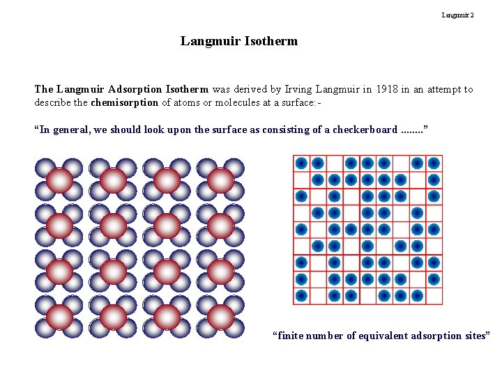 Langmuir 2 Langmuir Isotherm The Langmuir Adsorption Isotherm was derived by Irving Langmuir in