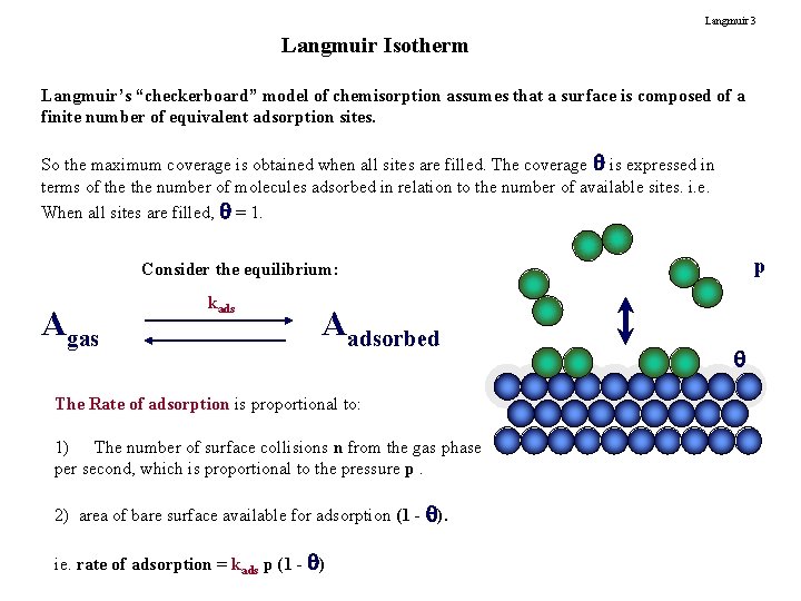 Langmuir 3 Langmuir Isotherm Langmuir’s “checkerboard” model of chemisorption assumes that a surface is