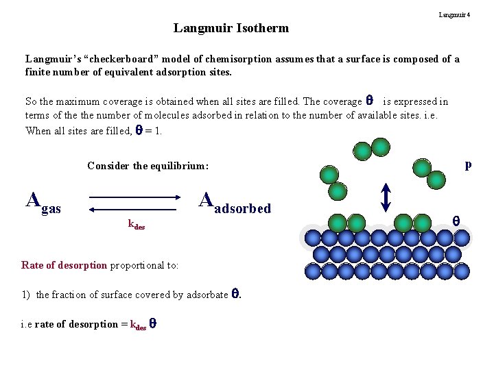Langmuir 4 Langmuir Isotherm Langmuir’s “checkerboard” model of chemisorption assumes that a surface is
