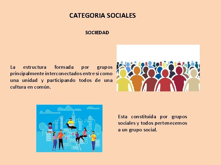 CATEGORIA SOCIALES SOCIEDAD La estructura formada por grupos principalmente interconectados entre sí como una