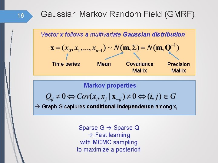 16 Gaussian Markov Random Field (GMRF) Vector x follows a multivariate Gaussian distribution Time