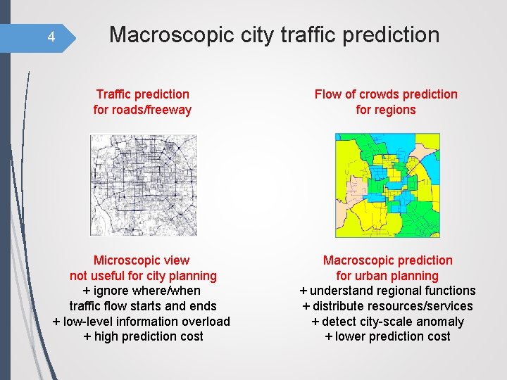 4 Macroscopic city traffic prediction Traffic prediction for roads/freeway Flow of crowds prediction for