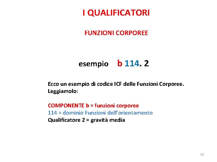 I QUALIFICATORI FUNZIONI CORPOREE esempio b 114. 2 Ecco un esempio di codice ICF