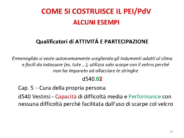 COME SI COSTRUISCE IL PEI/Pd. V ALCUNI ESEMPI Qualificatori di ATTIVITÁ E PARTECIPAZIONE Ermenegildo