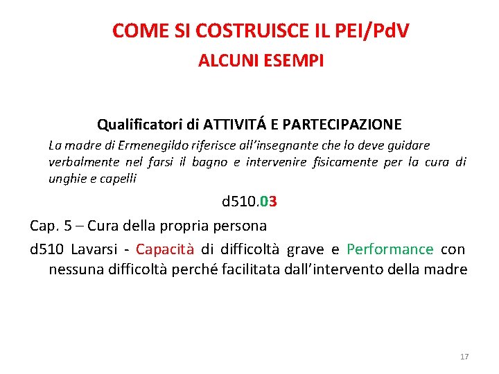 COME SI COSTRUISCE IL PEI/Pd. V ALCUNI ESEMPI Qualificatori di ATTIVITÁ E PARTECIPAZIONE La
