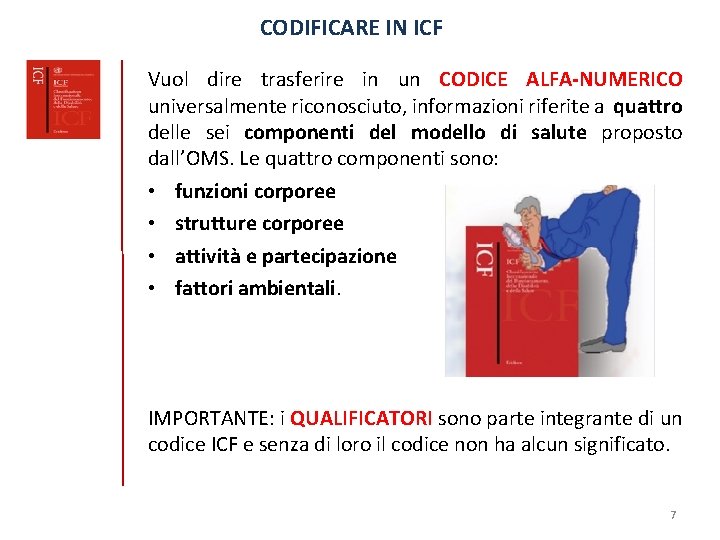 CODIFICARE IN ICF Vuol dire trasferire in un CODICE ALFA-NUMERICO universalmente riconosciuto, informazioni riferite