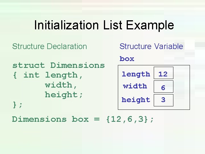 Initialization List Example Structure Declaration struct Dimensions { int length, width, height; }; Structure Initialization List Example Structure Declaration struct Dimensions { int length, width, height; }; Structure