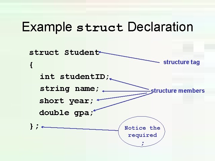 Example struct Declaration struct Student { int student. ID; string name; short year; double Example struct Declaration struct Student { int student. ID; string name; short year; double