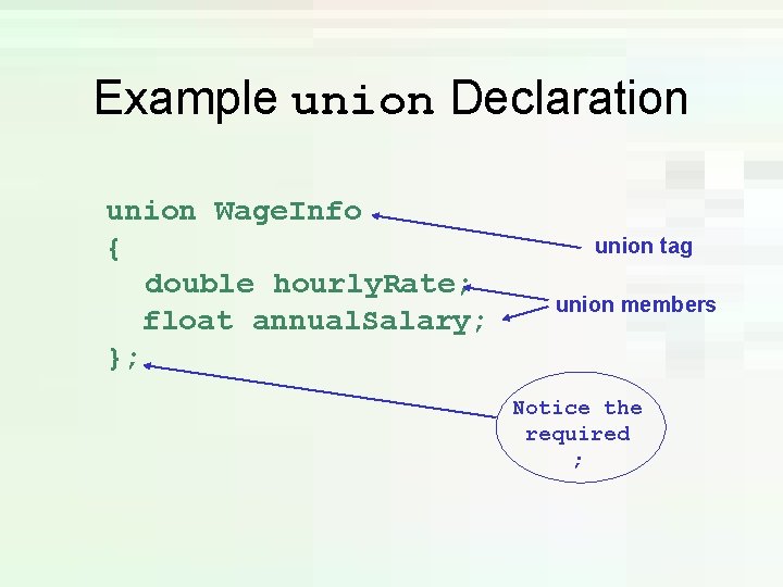 Example union Declaration union Wage. Info { double hourly. Rate; float annual. Salary; }; Example union Declaration union Wage. Info { double hourly. Rate; float annual. Salary; };