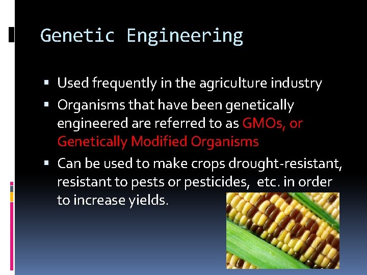 Genetic Engineering Used frequently in the agriculture industry Organisms that have been genetically engineered