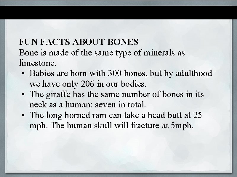 FUN FACTS ABOUT BONES Bone is made of the same type of minerals as
