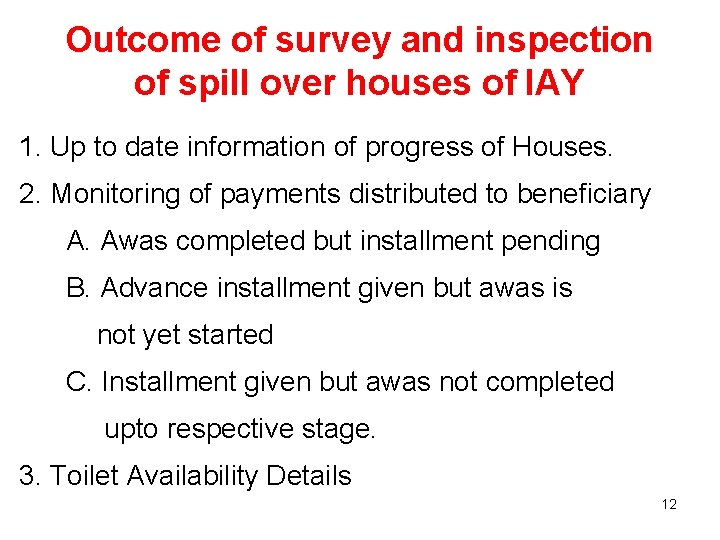 Outcome of survey and inspection of spill over houses of IAY 1. Up to