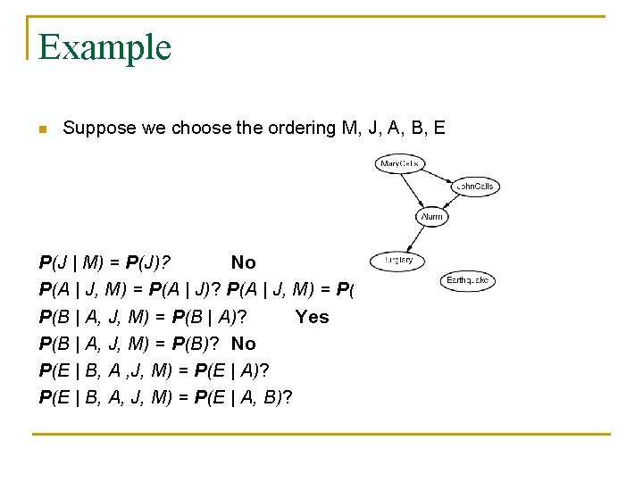 Example n Suppose we choose the ordering M, J, A, B, E P(J | Example n Suppose we choose the ordering M, J, A, B, E P(J |