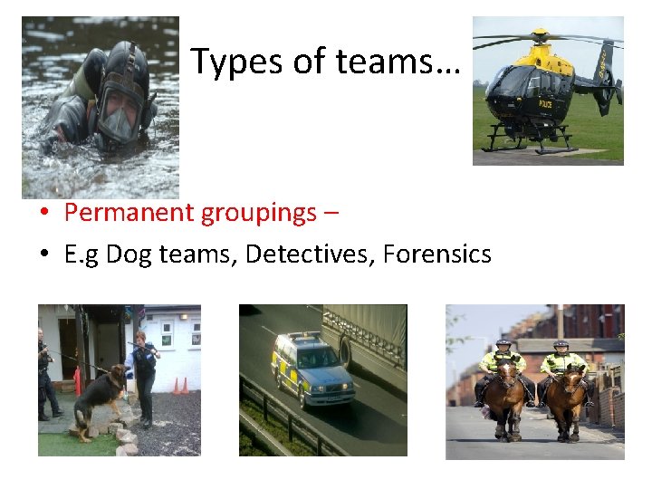 Types of teams… • Permanent groupings – • E. g Dog teams, Detectives, Forensics