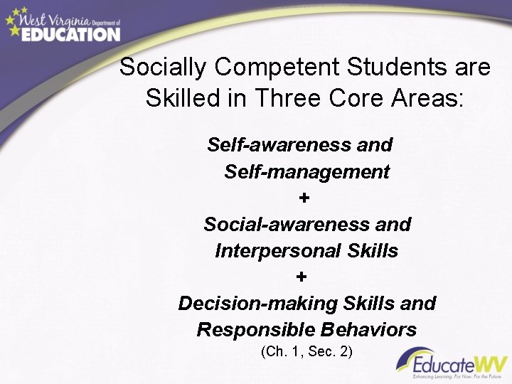 Socially Competent Students are Skilled in Three Core Areas: Self-awareness and Self-management + Social-awareness