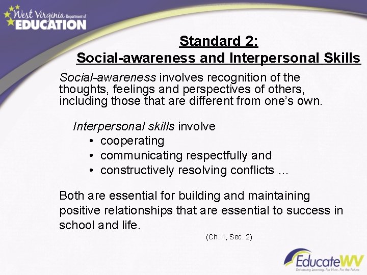 Standard 2: Social-awareness and Interpersonal Skills Social-awareness involves recognition of the thoughts, feelings and
