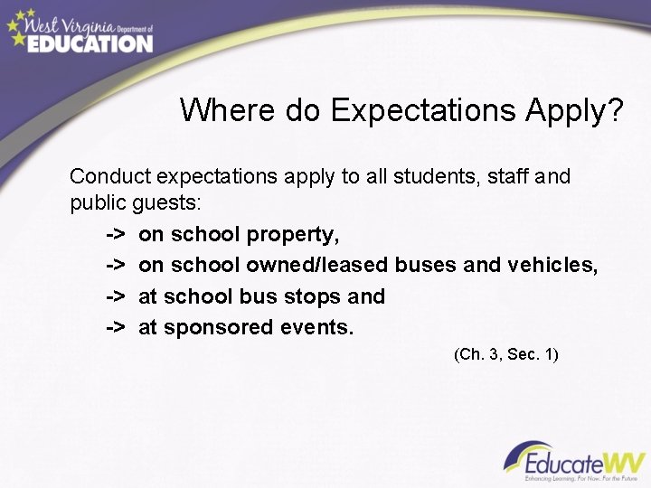 Where do Expectations Apply? Conduct expectations apply to all students, staff and public guests: