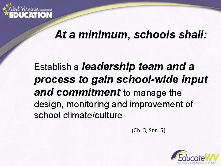 At a minimum, schools shall: Establish a leadership team and a process to gain