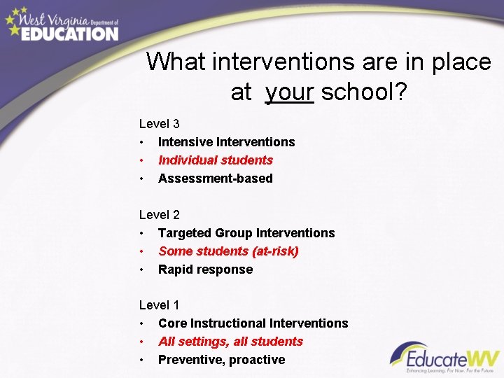 What interventions are in place at your school? Level 3 • Intensive Interventions •