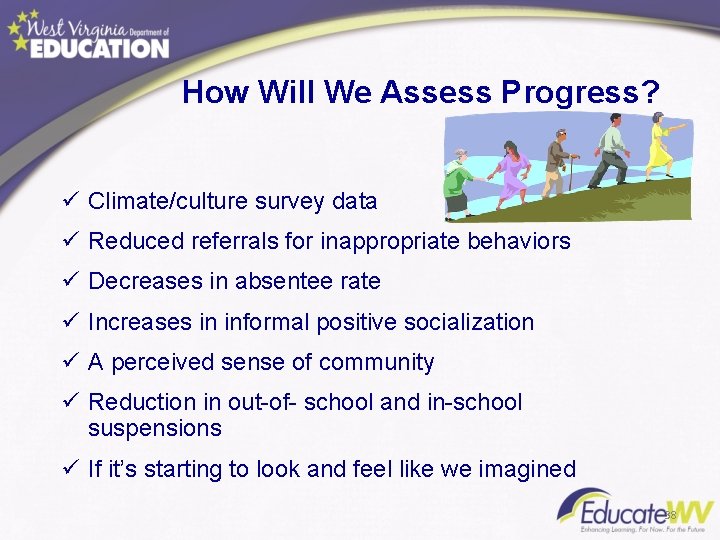 How Will We Assess Progress? ü Climate/culture survey data ü Reduced referrals for inappropriate