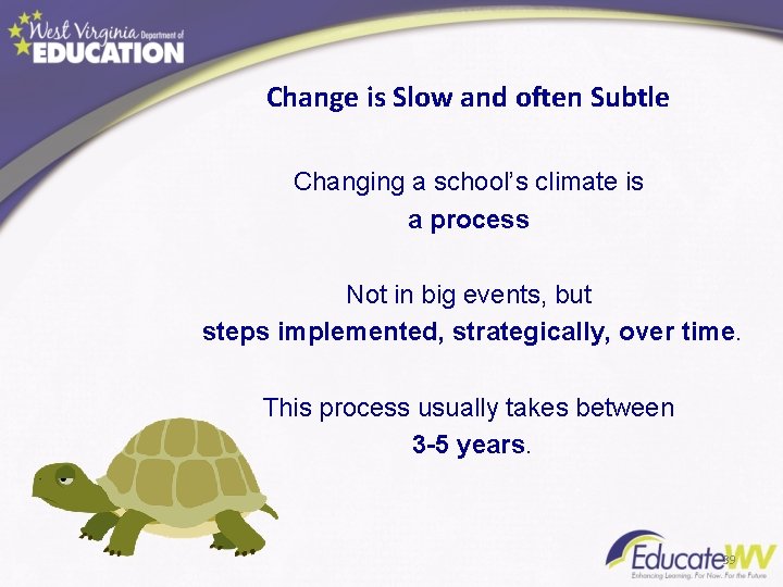 Change is Slow and often Subtle Changing a school’s climate is a process Not