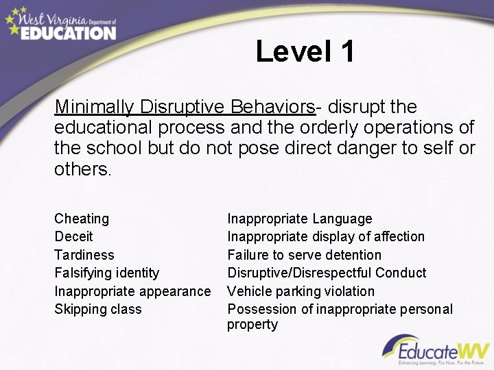 Level 1 Minimally Disruptive Behaviors- disrupt the educational process and the orderly operations of