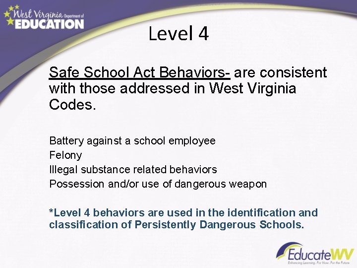 Level 4 Safe School Act Behaviors- are consistent with those addressed in West Virginia