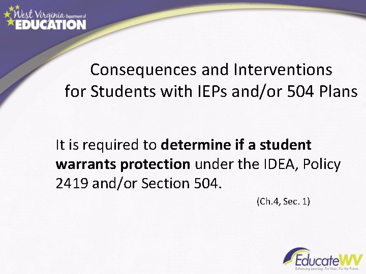 Consequences and Interventions for Students with IEPs and/or 504 Plans It is required to